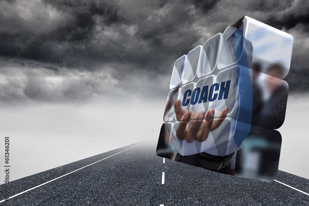 Poster composite image of businessman holding coach text on abstract