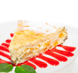 Sweet curd pudding with syrup and icing sugar dessert on plate