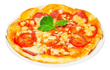 Pizza with salami, cheese and tomato, fast food on plate
