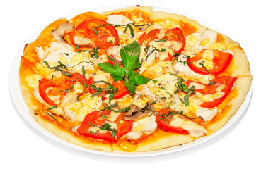 Pizza with chicken, mushroom, cheese and tomato, fast food on