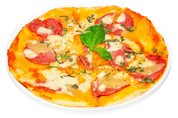 Pizza with salami, cheese and tomato, fast food on plate