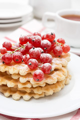 Belgian waffles with red currant, close-up