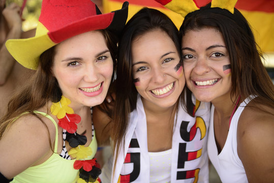 Cheerful group of German women soccer or sport  fans.