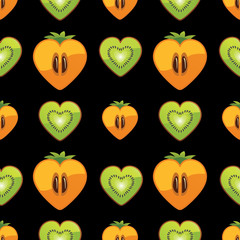 Seamless pattern of kiwi, persimmon in Heart on black background