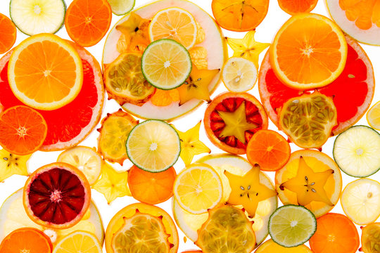 Healthy tropical fruit and citrus background