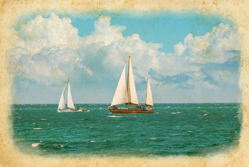 Plakaty  Koncepcja rejsu morskiego z dwoma jachtami w stylu retro.
