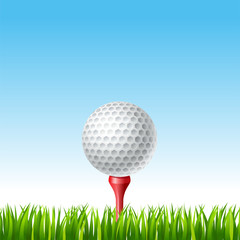 Golf ball on a tee on a grass