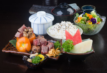 japanese cuisine. beef cube on the background