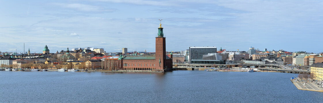 Panorama of Riddarfjarden bay with Stockholm City Hall, Sweden