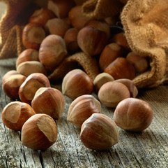 Hazelnuts, filbert on old wooden background
