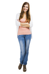 Obraz premium Beautiful blonde woman standing over a white background