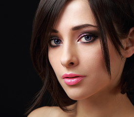 Beautiful perfect makeup woman face with long lashes on black