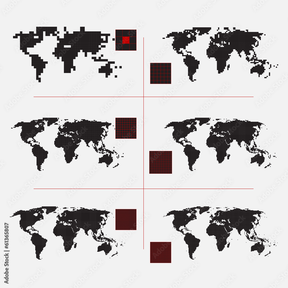 Poster set of dotted world maps in different resolution