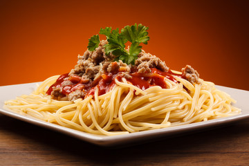 Pasta with meat, tomato sauce vegetables