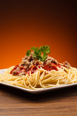Pasta with meat, tomato sauce vegetables