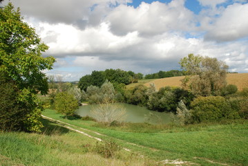 Fototapeta na wymiar Petit étang vert près de Vendoire