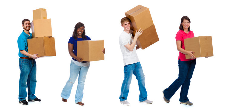 College Students Or Friends Moving Boxes