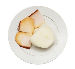 smoked bacon and onions in a plate on white background