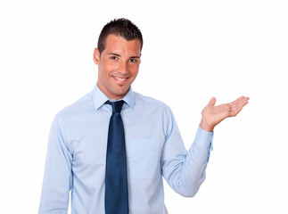 Handsome guy holding out his left palm