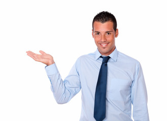 Charming man holding out his right palm