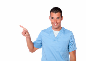 Charismatic nurse guy pointing to his right