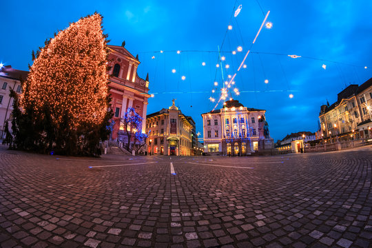 Christmas Decorated City Square In In The Early Morning