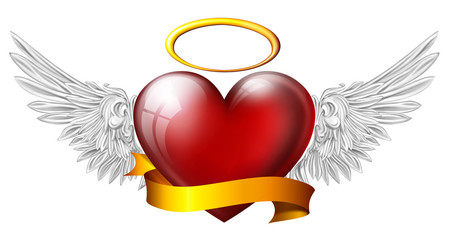heart with angel wings with sash, isolated on white background