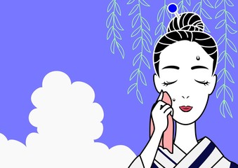 汗を拭く浴衣美人