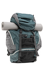 Studio shot of a backpack with exercising mat in it