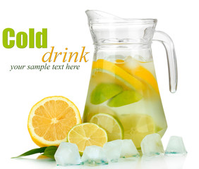 Cold water with lime, lemon and ice in pitcher isolated on