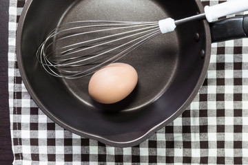 Egg whist and pan on towel