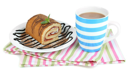 Cup of tea and sweets isolated on white