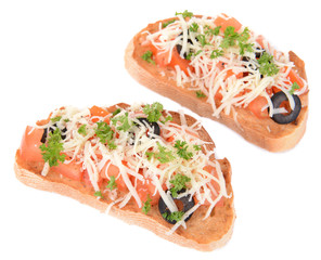 Delicious bruschetta with tomatoes isolated on white