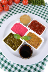 Various sauces on table close-up