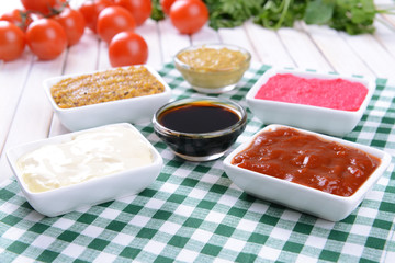 Various sauces on table close-up