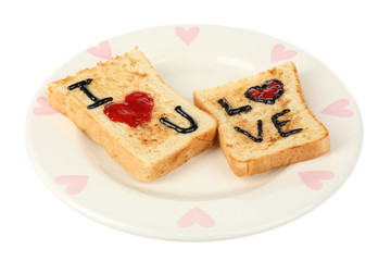 Delicious toast with jam on plate isolated on white