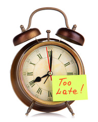 Alarm clock with sticker isolated on white