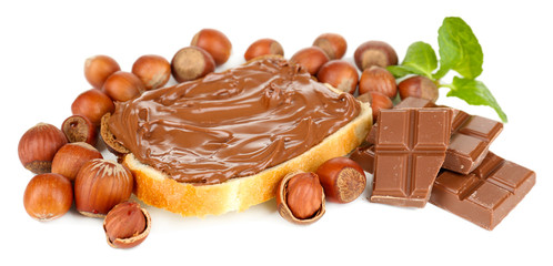 Bread with sweet chocolate hazelnut spread isolated on white