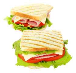Tasty sandwich with ham, isolated on white