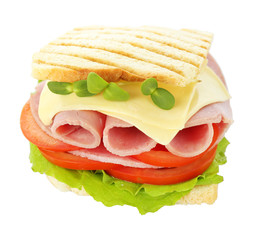 Tasty sandwich with ham, isolated on white