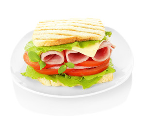 Tasty sandwich with ham, isolated on white