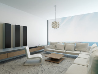 Modern white living room with floor to ceiling window