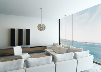 Modern white living room with floor to ceiling window