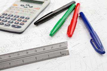 Blue print with stationary