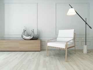 3D Rendering of white chair in a  sunny room with floor lamp