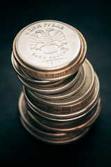 Pile of russian coins. Selective focus. Toned image.