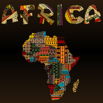 Fototapeta Africa map with African typography made of patchwork fabric text