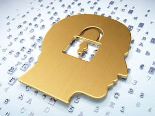 Business concept: Golden Head With Padlock on digital background