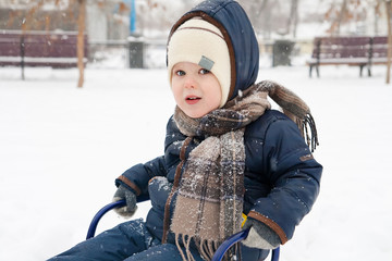 Smiling little boy sitting in the sledge
