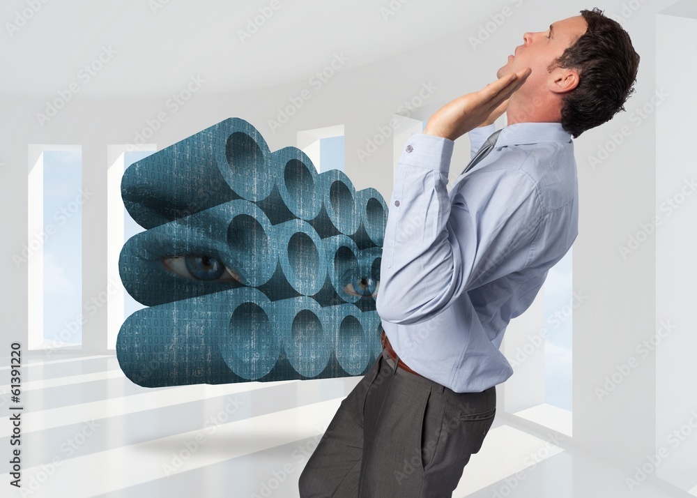 Poster composite image of businessman standing with arms pushing up